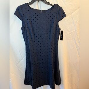 Tahari ASL Navy Polka Dot Midi Dress